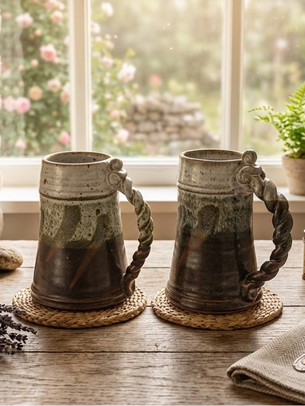 Source Unknown Brown and Cream Twisted-Handle‎ Ceramic Mugs (Pair)